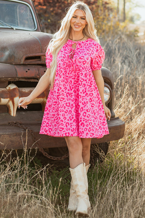 Western Leopard Print Puff Sleeve A Line Mini Dress