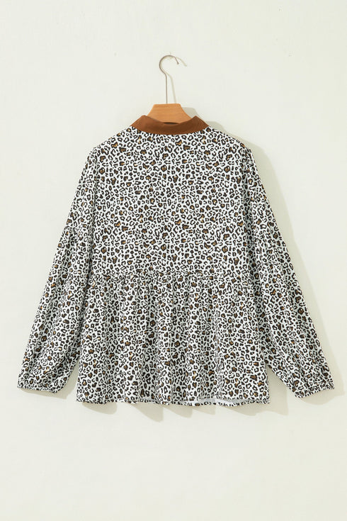 Western Leopard Print Puff Sleeve Buttoned Plus Size Blouse