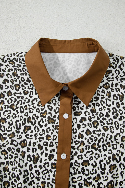 Western Leopard Print Puff Sleeve Buttoned Plus Size Blouse