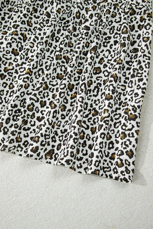 Western Leopard Print Puff Sleeve Buttoned Plus Size Blouse