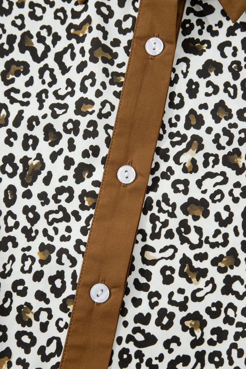 Western Leopard Print Puff Sleeve Buttoned Plus Size Blouse