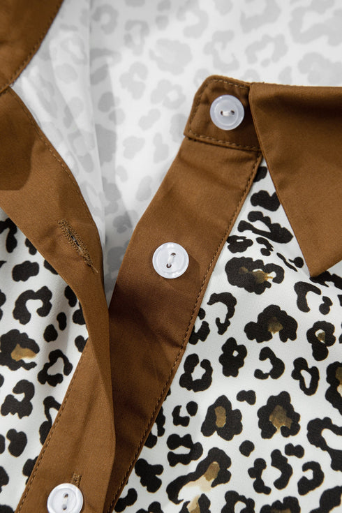 Western Leopard Print Puff Sleeve Buttoned Plus Size Blouse