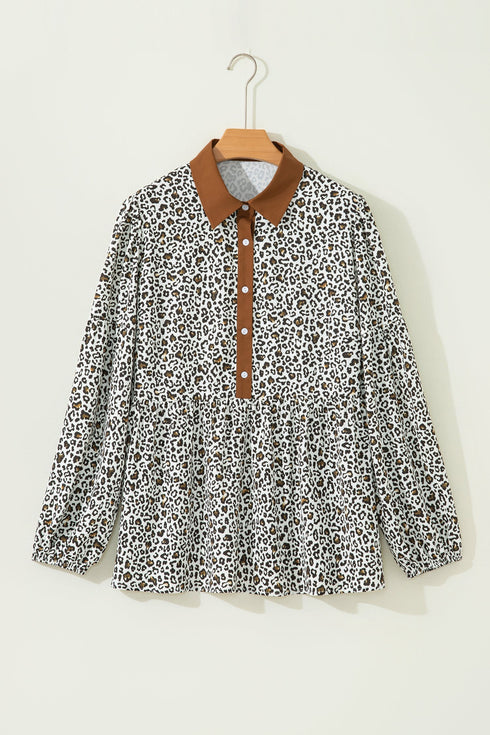 Western Leopard Print Puff Sleeve Buttoned Plus Size Blouse