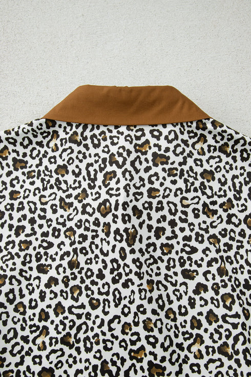Western Leopard Print Puff Sleeve Buttoned Plus Size Blouse