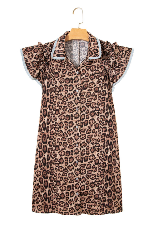 Western Leopard Print Rick Rack Button Down Mini Dress