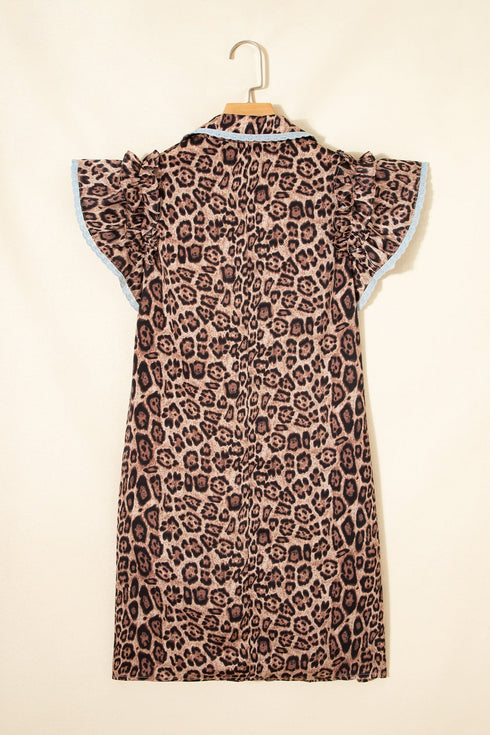 Western Leopard Print Rick Rack Button Down Mini Dress