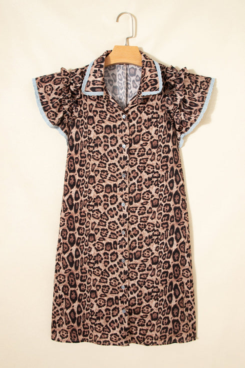 Western Leopard Print Rick Rack Button Down Mini Dress