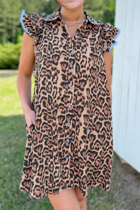 Western Leopard Print Rick Rack Button Down Mini Dress