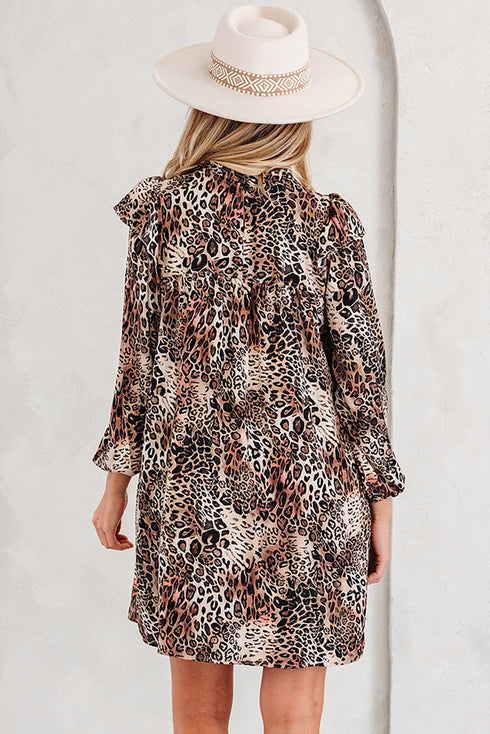 Western Leopard Print Ruffled Long Sleeve Mini Dress