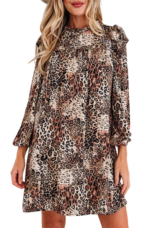 Western Leopard Print Ruffled Long Sleeve Mini Dress