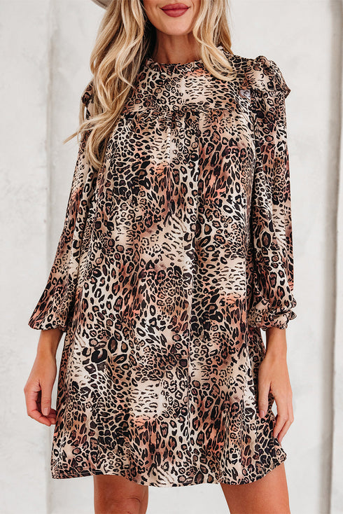 Western Leopard Print Ruffled Long Sleeve Mini Dress