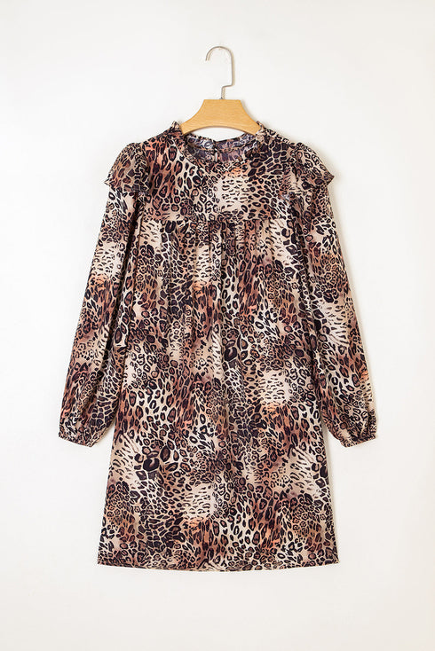 Western Leopard Print Ruffled Long Sleeve Mini Dress
