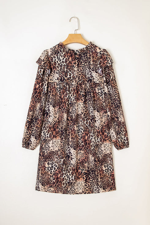 Western Leopard Print Ruffled Long Sleeve Mini Dress