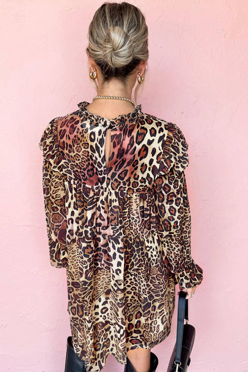 Western Leopard Print Ruffled Long Sleeve Mini Dress