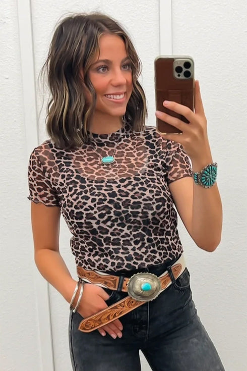 Western Leopard Print Sheer Mesh Short Sleeve Top