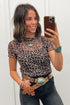 Western Leopard Print Sheer Mesh Short Sleeve Top
