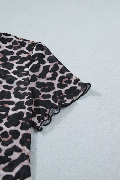 Western Leopard Print Sheer Mesh Short Sleeve Top
