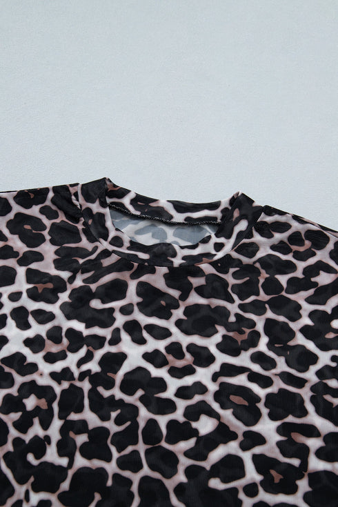 Western Leopard Print Sheer Mesh Short Sleeve Top