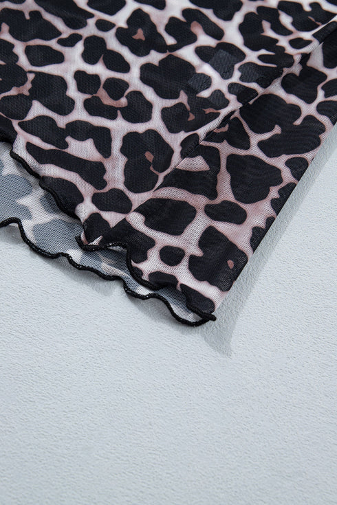 Western Leopard Print Sheer Mesh Short Sleeve Top