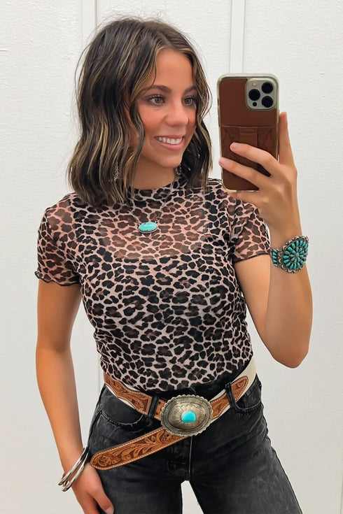 Western Leopard Print Sheer Mesh Short Sleeve Top