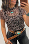 Western Leopard Print Sheer Mesh Short Sleeve Top