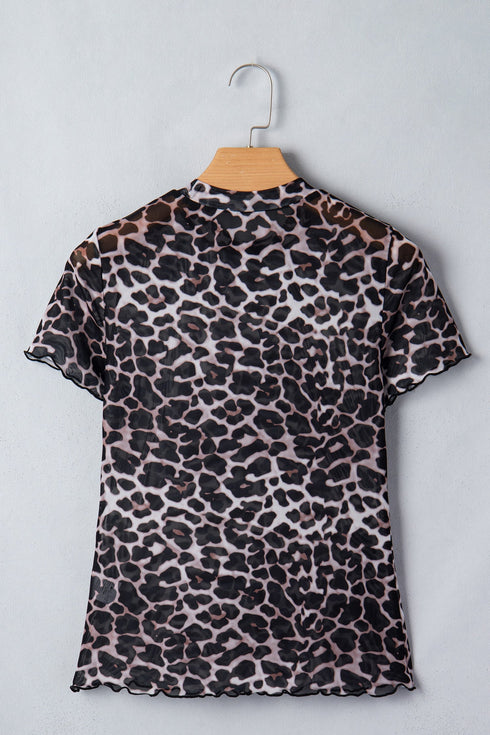 Western Leopard Print Sheer Mesh Short Sleeve Top
