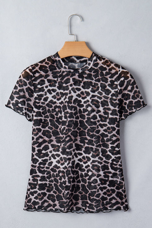 Western Leopard Print Sheer Mesh Short Sleeve Top