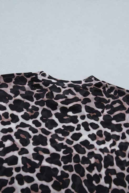 Western Leopard Print Sheer Mesh Short Sleeve Top