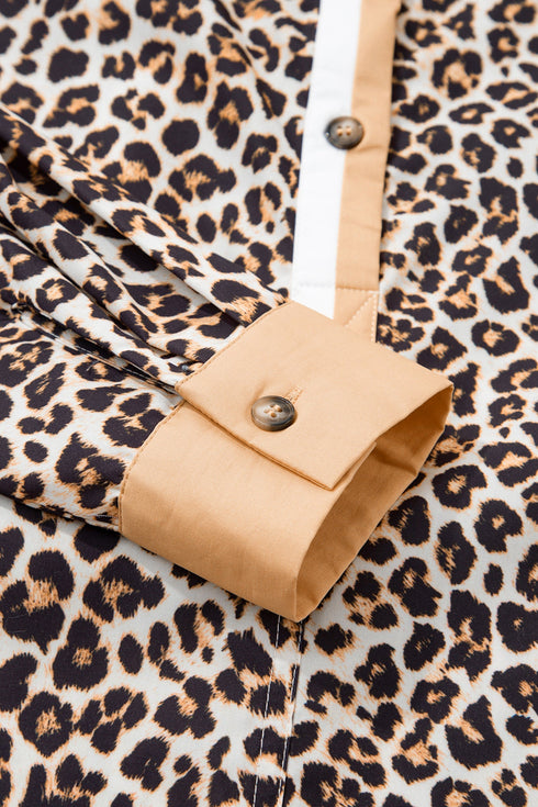 Western Leopard Print Striped Collar Long Sleeve Flared Mini Dress