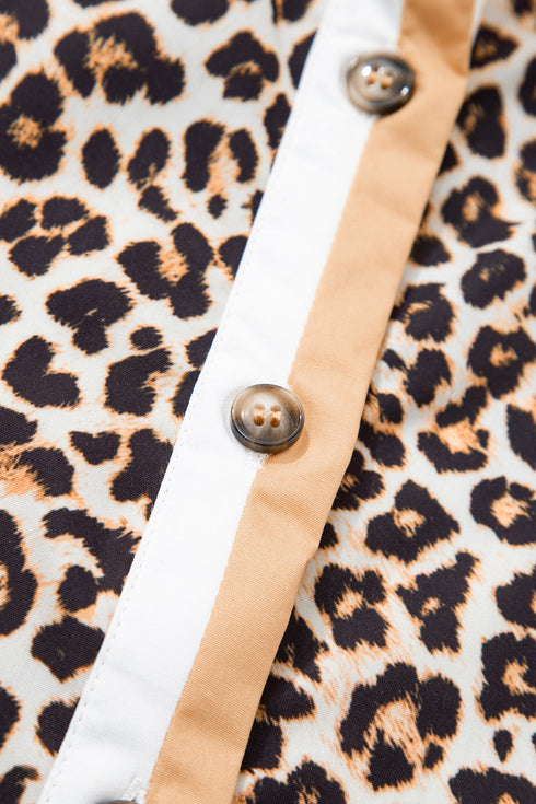 Western Leopard Print Striped Collar Long Sleeve Flared Mini Dress