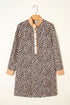 Western Leopard Print Striped Collar Long Sleeve Flared Mini Dress