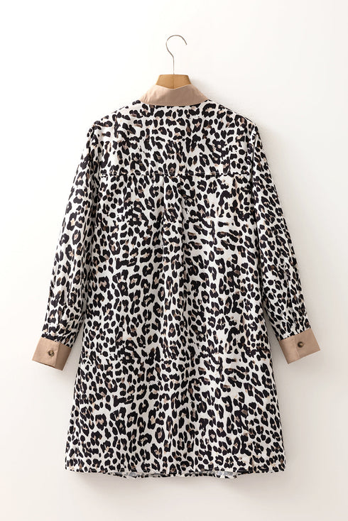 Western Leopard Print Striped Collar Long Sleeve Flared Mini Dress