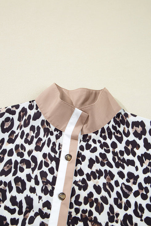 Western Leopard Print Striped Collar Long Sleeve Flared Mini Dress