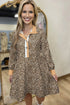 Western Leopard Print Striped Collar Long Sleeve Flared Mini Dress