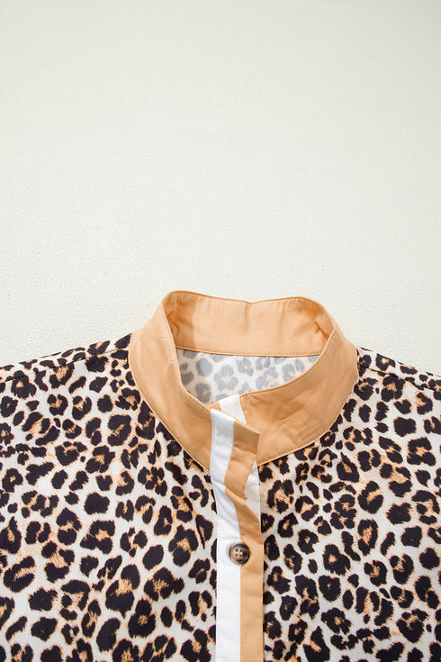 Western Leopard Print Striped Collar Long Sleeve Flared Mini Dress