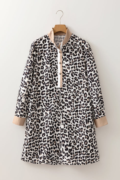Western Leopard Print Striped Collar Long Sleeve Flared Mini Dress