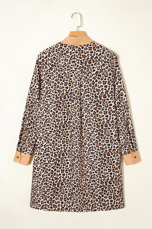 Western Leopard Print Striped Collar Long Sleeve Flared Mini Dress