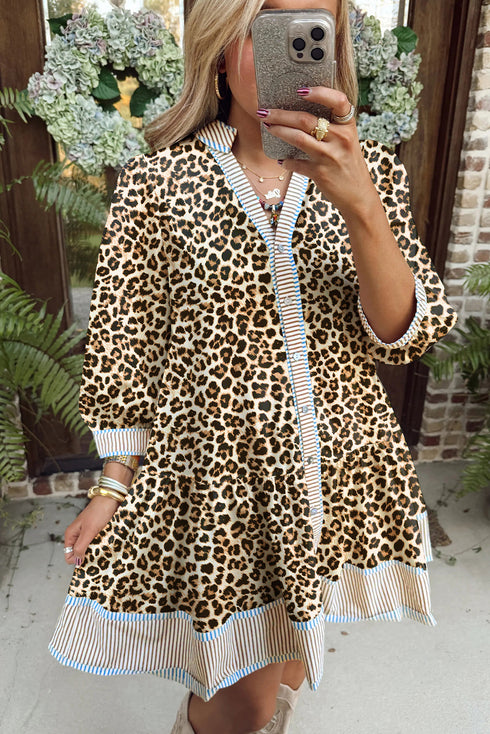 Western Leopard Print Striped Trim Drop Waist Mini Dress