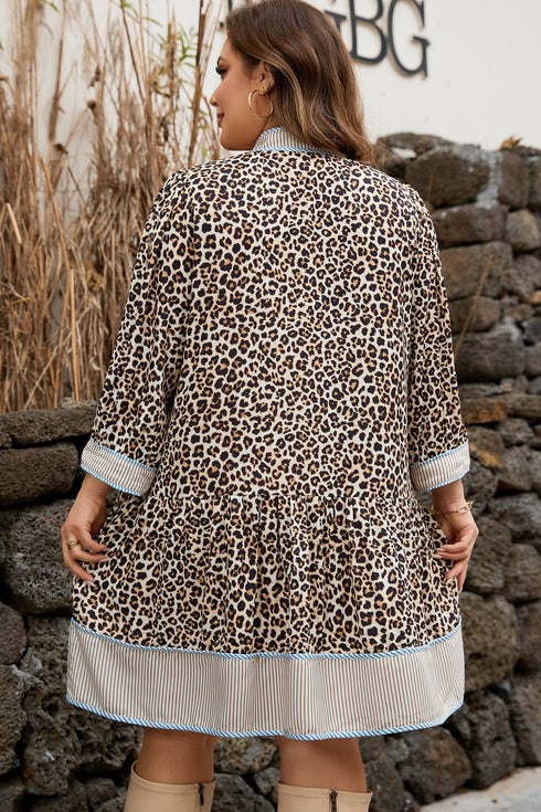 Western Leopard Print Striped Trim Drop Waist Mini Dress