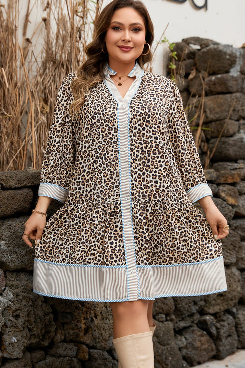 Western Leopard Print Striped Trim Drop Waist Mini Dress