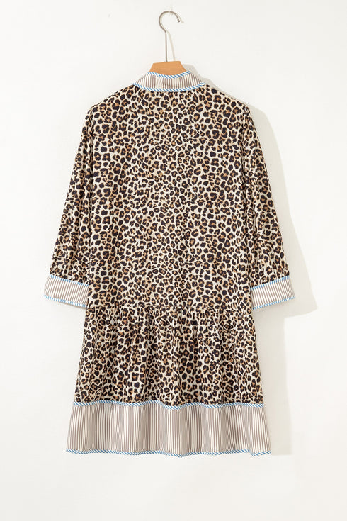 Western Leopard Print Striped Trim Drop Waist Mini Dress