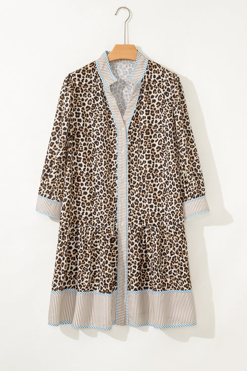Western Leopard Print Striped Trim Drop Waist Mini Dress
