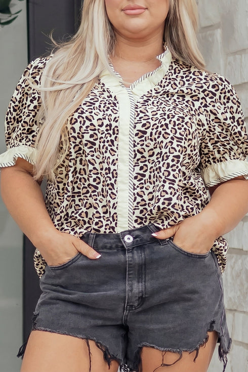 Western Leopard Print Striped Trim Frilled Short Sleeve Blouse