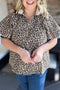 Western Leopard Print Striped Webbing Patchwork Half Zip Blouse