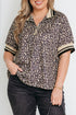 Western Leopard Print Striped Webbing Patchwork Half Zip Blouse