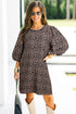 Western Leopard Print Textured Bubble Sleeve Shift Mini Dress