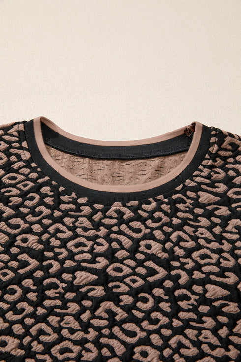 Western Leopard Print Textured Bubble Sleeve Shift Mini Dress
