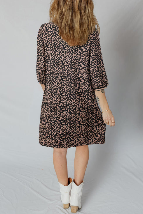 Western Leopard Print Textured Bubble Sleeve Shift Mini Dress