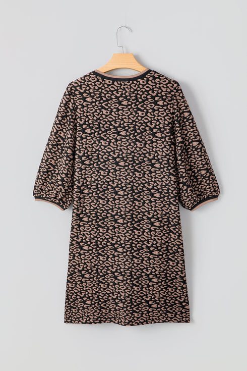 Western Leopard Print Textured Bubble Sleeve Shift Mini Dress