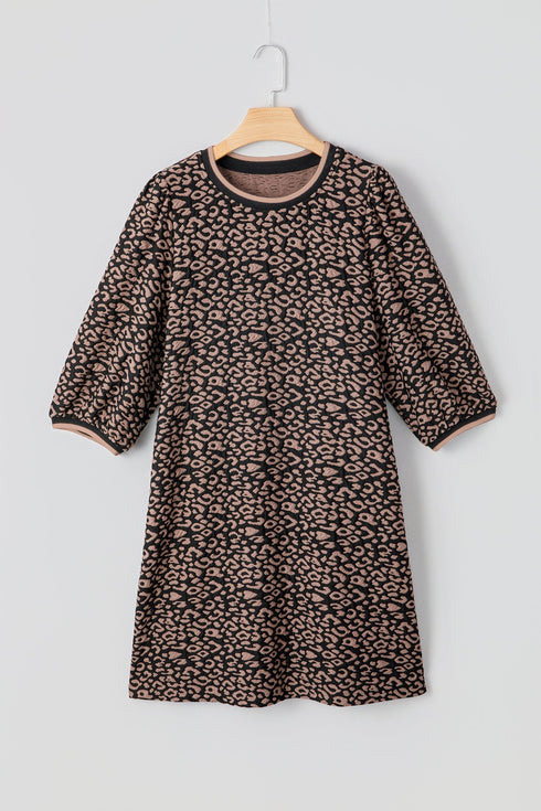 Western Leopard Print Textured Bubble Sleeve Shift Mini Dress